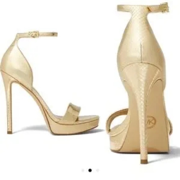 Michael Kors Gold Stiletto Pumps MK Gold Hardware Logo Snakeskin Strappy MK Logo - Picture 2 of 2